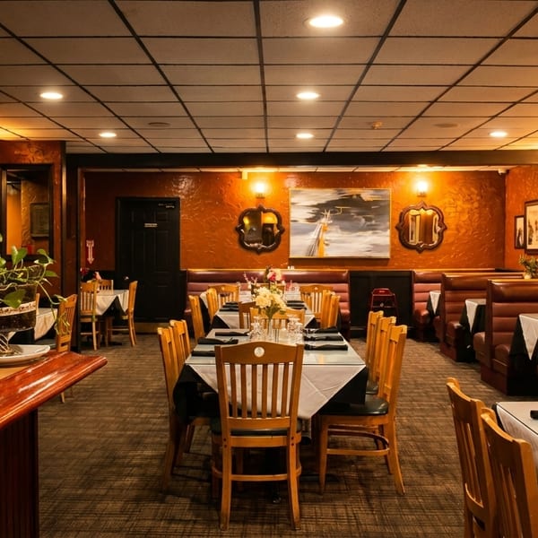 Warmly lit restaurant dining room with set tables, booths, and a bar counter.