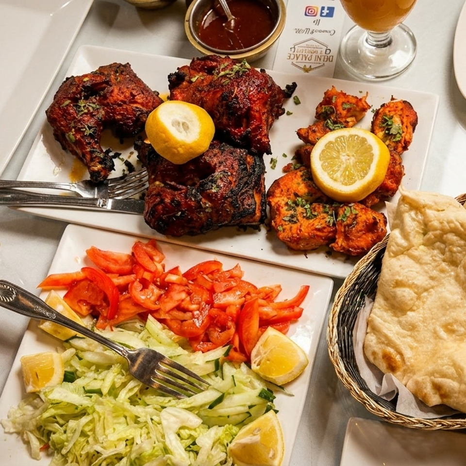 A table laden with Indian dishes including tandoori chicken, curry, naan, and salad.